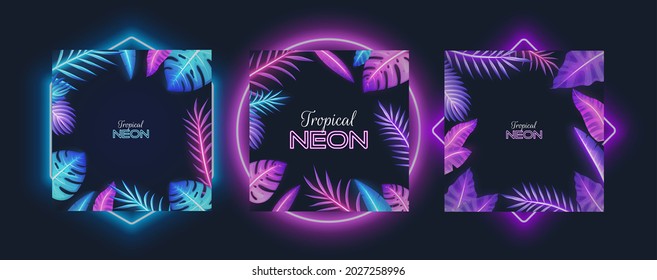 Purple neon frame set with tropical banana, monstera plants, palm tree leaves, vector isolated illustration. Fluorescent colors exotic jungle plant leaves borders.