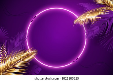 Purple neon frame surrounded by golden and violet tropical palm branches. Glowing neon round border. Vector background in synthwave style. Luxury banner design. Eps 10