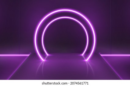 Purple neon futuristic digital stage with circle light arch. Showcase for technology product presentation. Empty pedestal night vector scene. Podium with glowing circle for fashion show