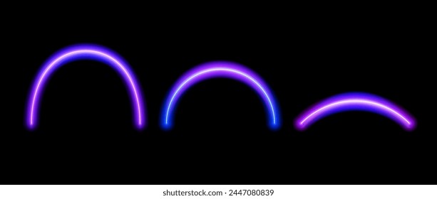 Purple neon glowing arc set. Shining arch shapes collection. Luminous curved lines with flare on dark background. Magic shiny arcs bundle for poster, flyer, brochure. Vector illustration pack