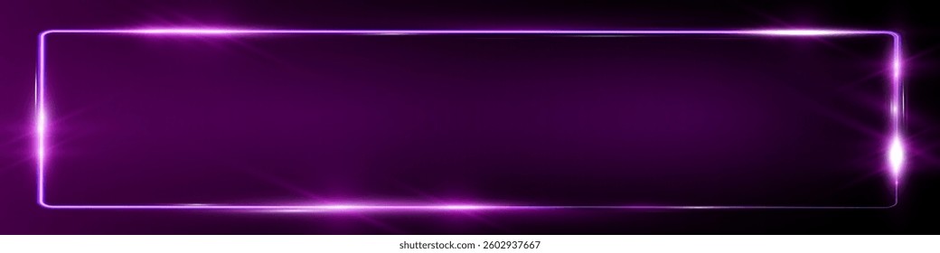 Purple neon glowing frame with sparkles and lens flares on transparent background. Futuristic modern design, high-tech, cyber, digital aesthetic.
