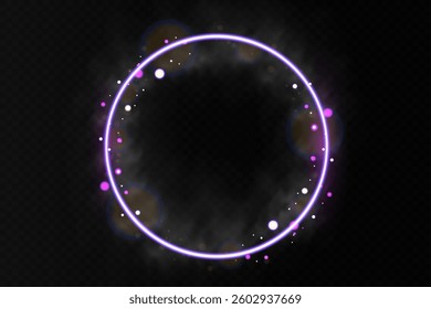 Purple neon glowing frame with sparkles and lens flares on transparent background. Futuristic modern design, high-tech, cyber, digital aesthetic.