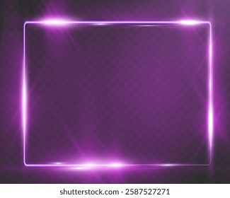 Purple neon glowing rectangular frame with rounded corners, sparkles, and lens flares, placed on a transparent background. Modern and futuristic design concept.