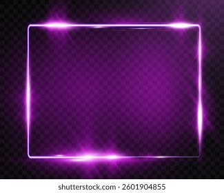 	
Purple neon glowing rectangular frame with rounded corners, sparkles, and lens flares, placed on a transparent background. Modern and futuristic design concept.	