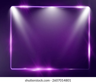 Purple neon glowing rectangular frame with rounded corners, sparkles, and lens flares, placed on a transparent background. Modern and futuristic design concept.	