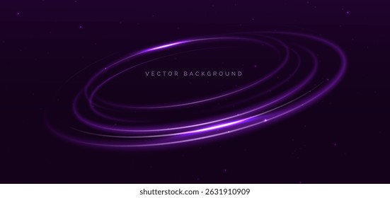 Purple neon glowing rings with lighting effect sparkle on dark purple background. Vector illustration