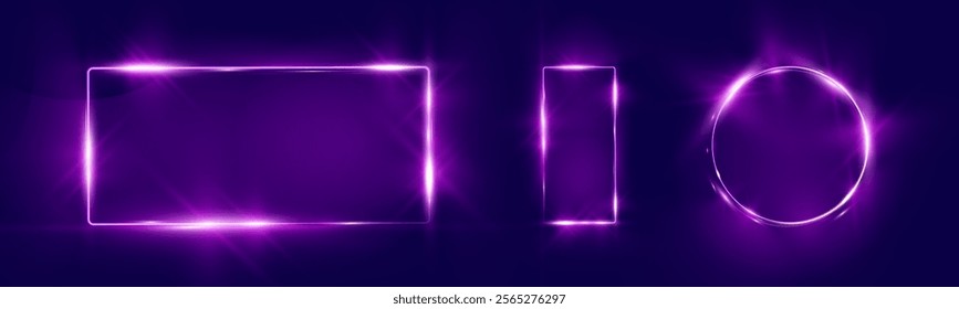 Purple neon glowing shapes on dark background, featuring a circle, rectangle, and vertical rectangle with light flares and soft gradients. Elegant futuristic light effects suitable for digital design.