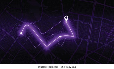 purple neon GPS road map of Bogota with the arrow that moves to the point of destination