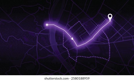purple neon GPS road map of Budapest with the arrow that moves to the point of destination