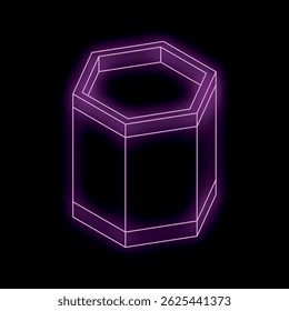 Prisma hexagonal de neón púrpura que brilla sobre un fondo oscuro, que representa conceptos de geometría, tecnología y diseño abstracto