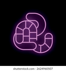 Purple neon icon of hand holding waterpark attraction slide, glowing on black background