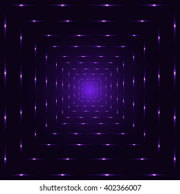 Purple neon laser perspective abstract tunnel, violet punctuated square lines