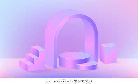 Purple neon light 3d background product display podium scene geometric platform, staircase step, arch. Stand to show cosmetic product. Realistic stage showcase  pedestal display holographic backdrop.