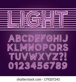 Purple Neon Light Alphabet and Numbers, Eps 10 Vector Editable