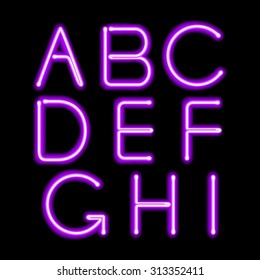 Purple neon light glowing letters set. Abc alphabet text symbols vector illustration.