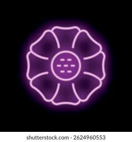 Purple neon light icon of a flower with rounded petals glowing on a dark background