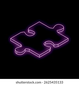 Purple neon light outlines a single puzzle piece, creating an isometric perspective against a black background