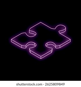 Purple neon light outlines a single puzzle piece, creating an isometric effect against a black background