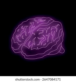 Purple neon light representing a human brain glowing on a dark background
