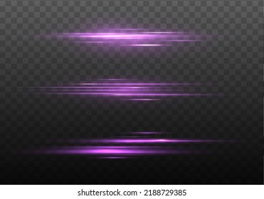 Purple neon lines, laser beams with light effect. Violet ray line with electric flash explosion. Glowing streak with light thunder bolt effect. Set of abstract lens flares, stars and sparkles. Vector