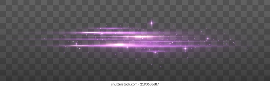 Purple neon lines, laser beams with light effect. Violet ray line with electric flash explosion. Glowing streak with light thunder bolt effect. Set of abstract lens flares, stars and sparkles. Vector