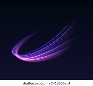 Purple neon lines in wave realistic vector illustration. Shiny motion trail 3d element on black background. Action concept design template