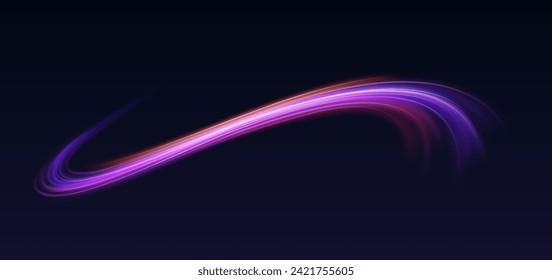 Purple neon lines in wave realistic vector illustration. Shiny motion trail 3d element on black background. Action concept design template,Purple neon lines in wave realistic vector illustration. 
