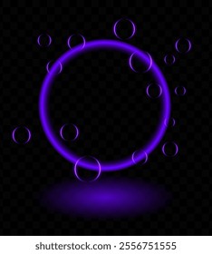 Purple neon magic ring effect. Glowing circular frame vibrant neon light, floating translucent orbs, soap bubbles, wallpaper, futuristic, tech-inspired, or decorative designs.