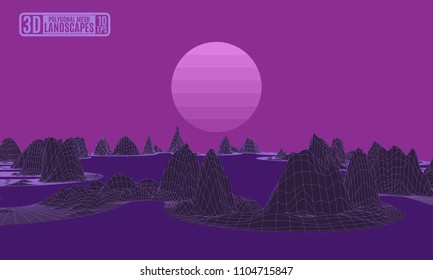 purple neon mountains polygon mesh with moon. vector drawing stock