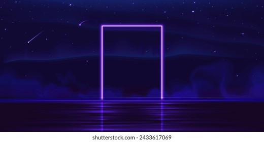 Purple neon rectangular door frame on water surface with smoke and starry sky. Realistic vector illustration of luminous magic portal with light glowing effect and mist. Futuristic border with smog.