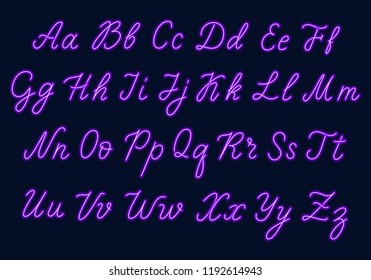 Purple neon script. Uppercase and lowercase letters.