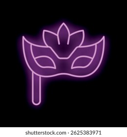 Purple neon sign depicting a festive carnival mask on a stick, shining brightly against a dark background