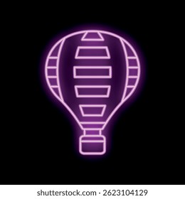 Purple neon sign of a hot air balloon glowing on a black background