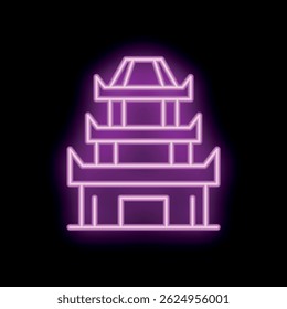 Purple neon sign of a multi tiered japanese pagoda glowing on a black background