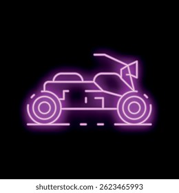 Purple neon sign representing a buggy driving on a road at night, with a black background