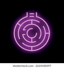 Purple neon sign in the shape of a round maze glowing on a dark background