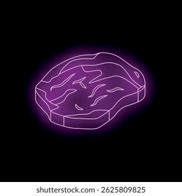 Sinal de néon roxo em forma de bife brilhando sobre um fundo preto