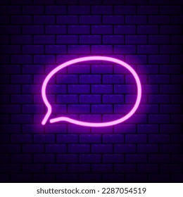 Purple neon speech bubble on a dark brick background. Editable stroke and blend. Vector illustration.