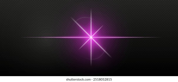 Listras de néon roxas ou flash de luz com estrela. Feixes laser, feixes horizontais. Lindas reflexões de luz. Listras brilhantes sobre um fundo preto.