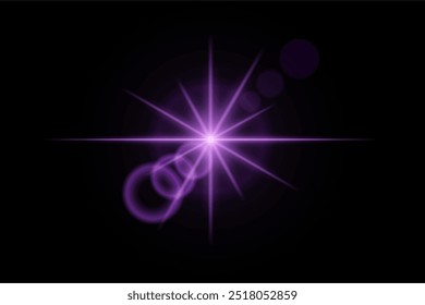 Purple neon stripes or light flash star. Laser beams, horizontal beams. Beautiful light reflections. Glowing stripes on a black background.