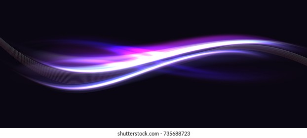 Purple neon swirl line in motion.  Lighting abstract element with burst and glitter. Vector glowing curved and transparent frame with magic sparkles on dark texturel.