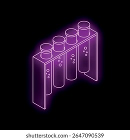 Tubos de teste de néon roxo são exibidos em um rack contra um fundo escuro, criando uma imagem vibrante com tema científico