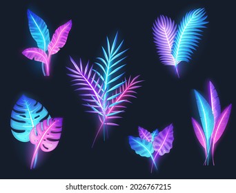 Purple neon tropical banana, monstera plants, palm tree leaves set, vector isolated illustration. Fluorescent colors exotic jungle plant leaves. Tropic summer beach party, vacation.