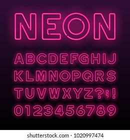 Purple neon tube alphabet font. Neon color letters, numbers and symbols. Stock vector typeface for any typography design.