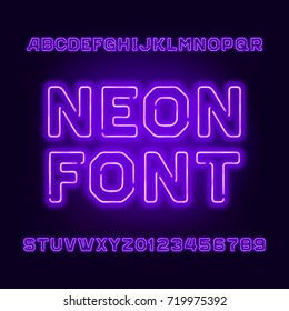 Purple neon tube alphabet font. Neon color letters and numbers. Stock vector typeset for your headers or any typography design.