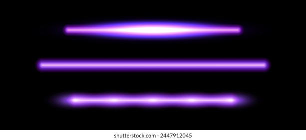 Juego de lámparas de tubo de neón púrpura. Colección de haz de línea de luz led brillante. Líneas de barra fluorescente luminosa violeta. Paquete de elementos de tira de color ultravioleta para dividir, separar, decorar. Ilustración vectorial