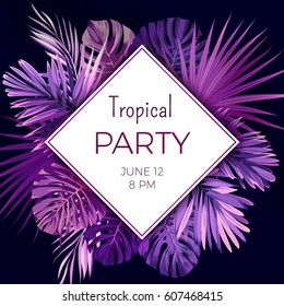 Purple neon vector floral banner template for summer beach party. Tropical flyer with exotic palm leaves and plants.