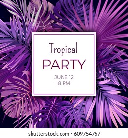 Purple neon vector floral flyer template for summer night party. Tropical background with exotic palm leaves and plants.