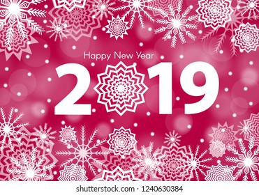 Purple New Year 2019 concept. Falling snow background with flares and sparkles.  Snowflakes abstract. Winter thunder. Vector illustration