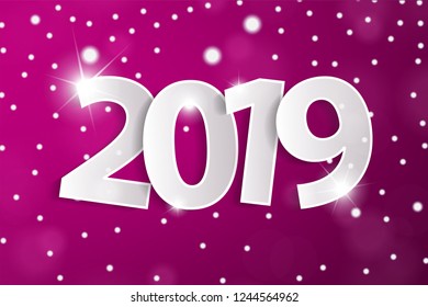 Purple New Year 2019 greeting card concept with white paper cut numbers. Vector illustration